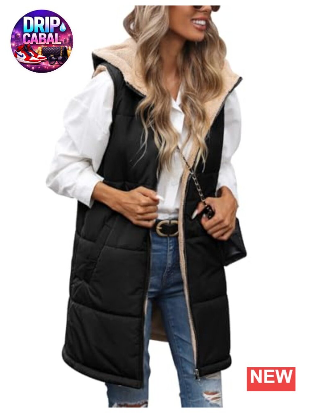 Women's Reversible Sleeveless Hooded Fleece Vest Zip Up Winter Jacket with